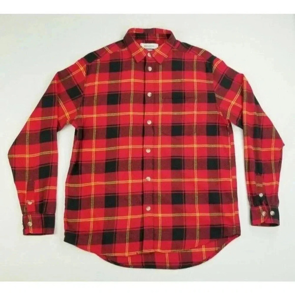 Urban Outfitters Small Men's Red Black Yellow Trim Flannel Long Sleeve Shirt - Picture 1 of 8